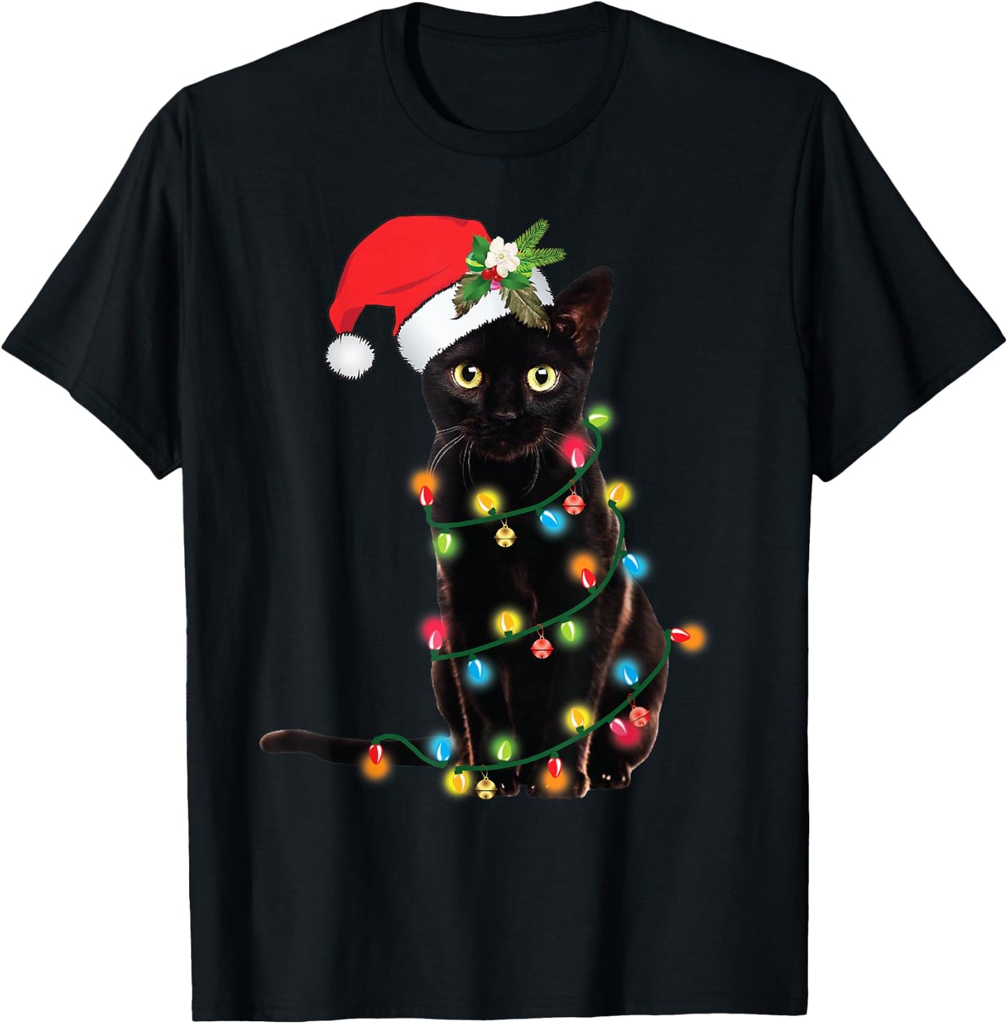 Santa Black Cat Tangled Up In Christmas Tree Lights Holiday T-Shirt - T-Shirt | Black