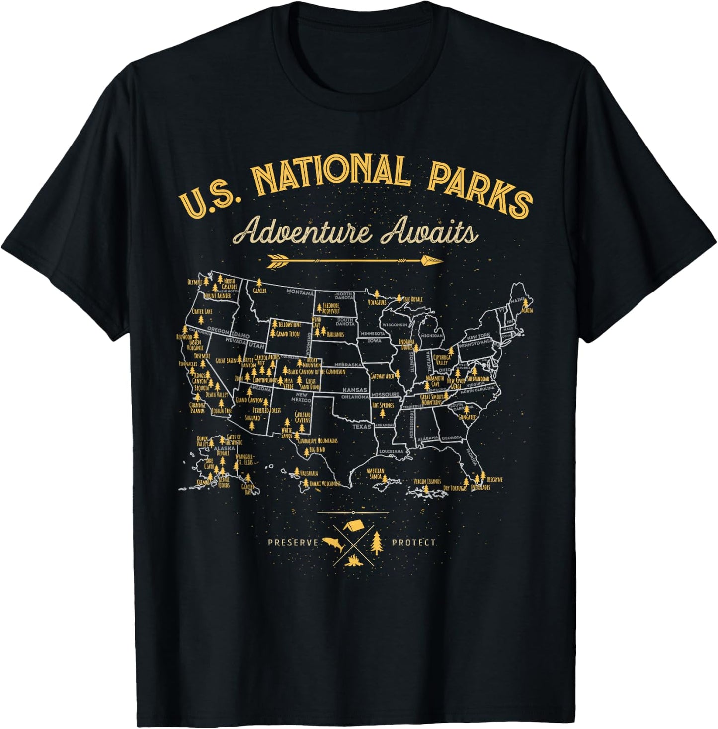 63 National Parks Map US Park Retro Vintage Camping Hiking T-Shirt - T-Shirt | Black
