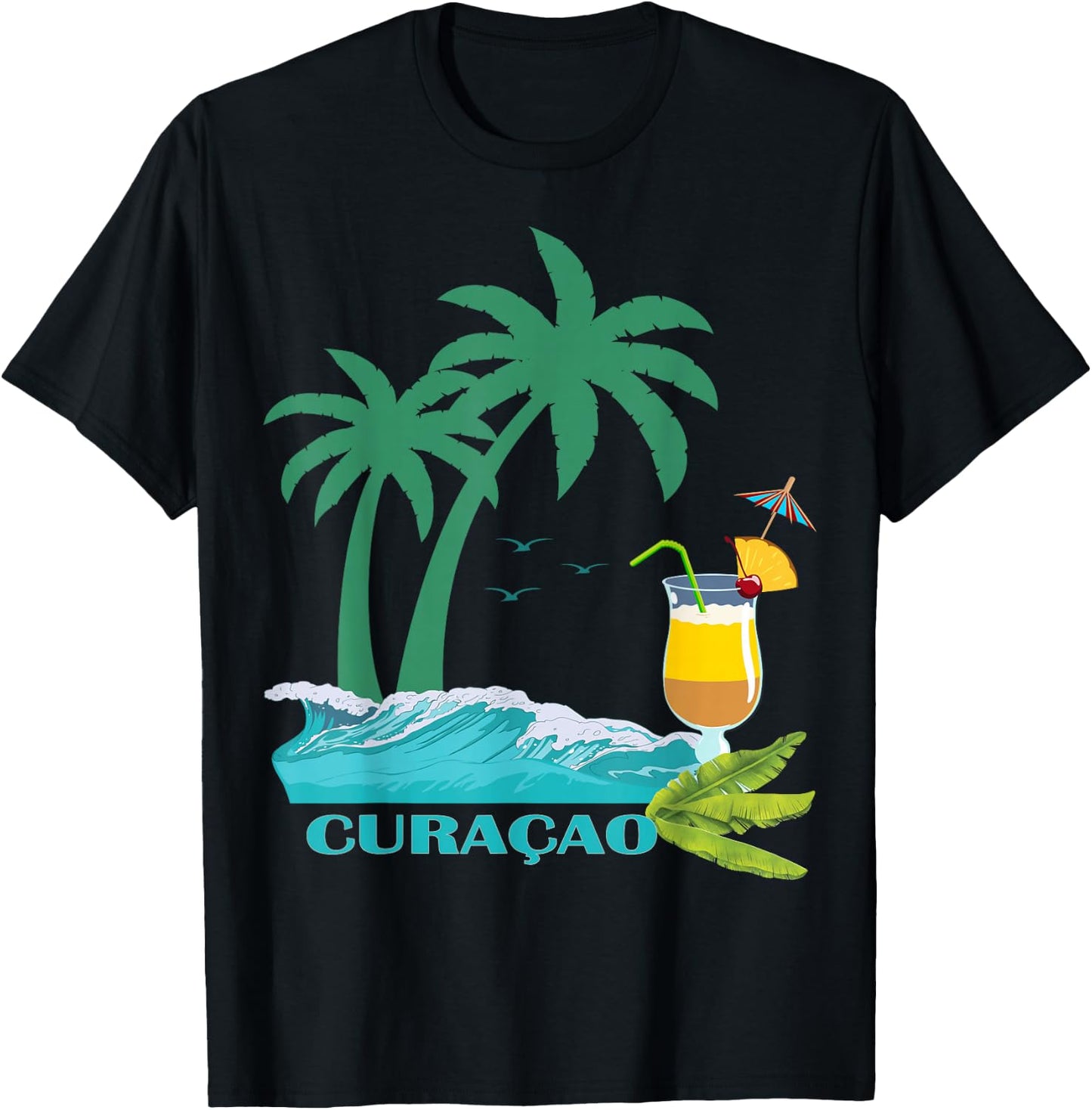 Curacao Palms Cocktail Caribbean Beach Island Souvenir Gift T-Shirt - T-Shirt | Black