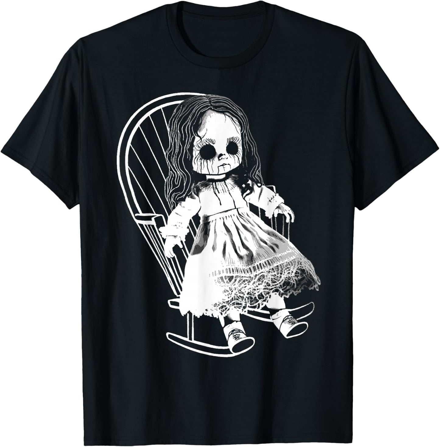 Creepy Nightmare Haunted Horror Doll Sits In Rocking Chair T-Shirt - T-Shirt | Black