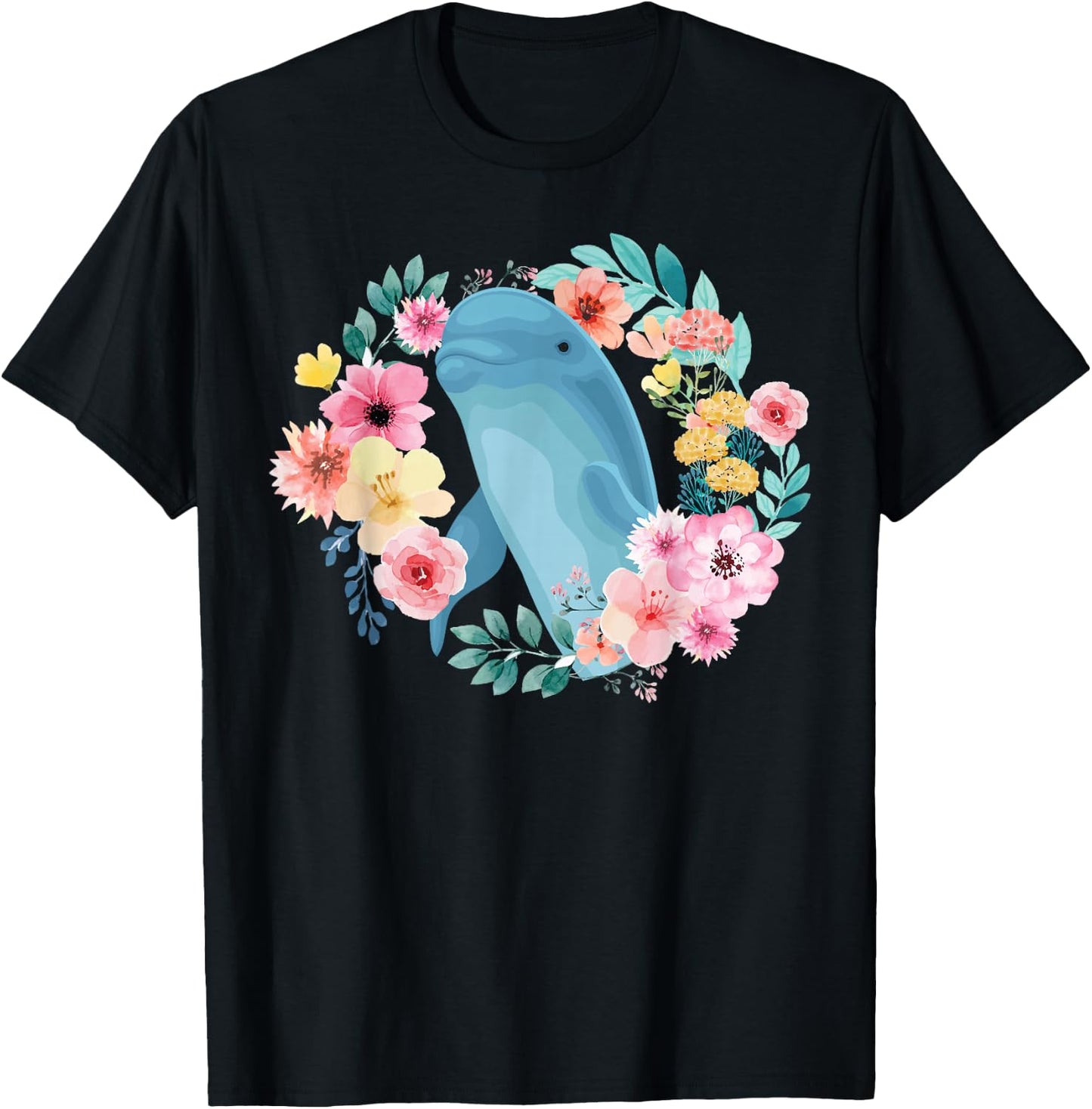 Dolphin Flower Floral T-Shirt - T-Shirt | Black