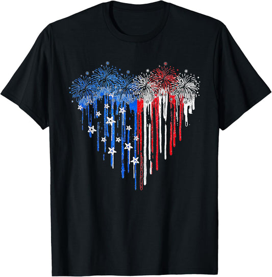 Firework Dripping Heart American Flag 4th Of July Patriotic T-Shirt - T-Shirt | Black