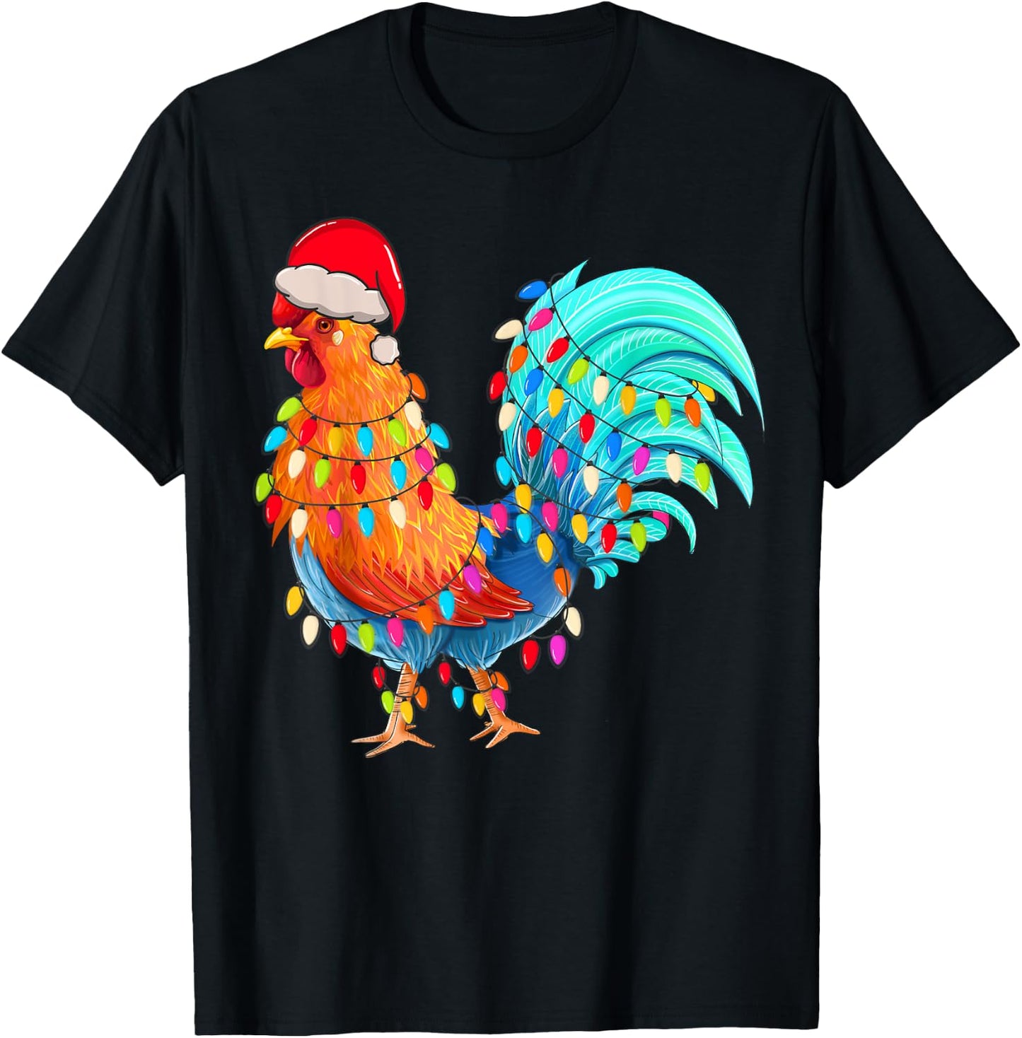 Christmas Lights Chicken Wearing Xmas Hat Chicken Hen Lover T-Shirt - T-Shirt | Black
