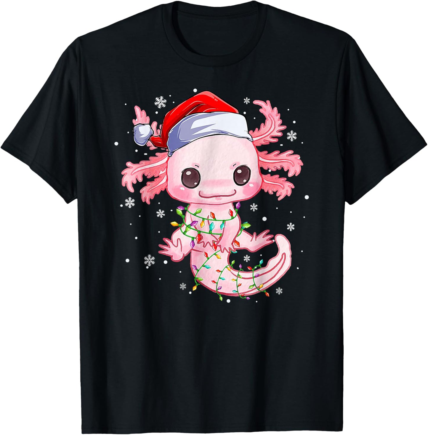 Christmas Axolotl Santa Hat Lights Japanese Cute Anime Xmas T-Shirt - T-Shirt | Black