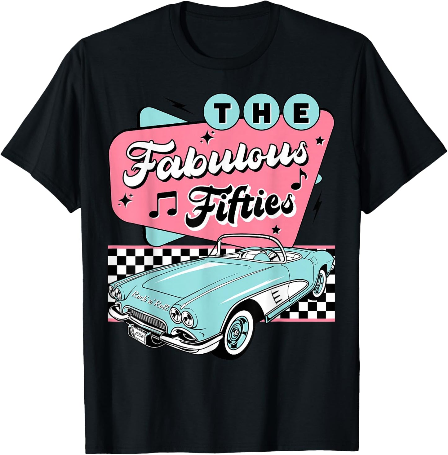 The Fifties 1950s Car Music Checkerboard Rockabilly Sock Hop T-Shirt - T-Shirt | Black