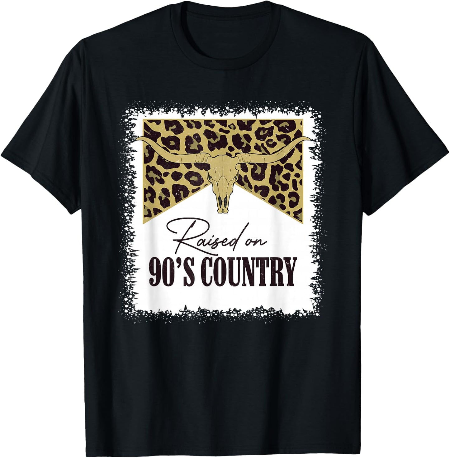 Raised On 90's Country Vintage Bull Skull Leopard Bleached T-Shirt - T-Shirt | Black