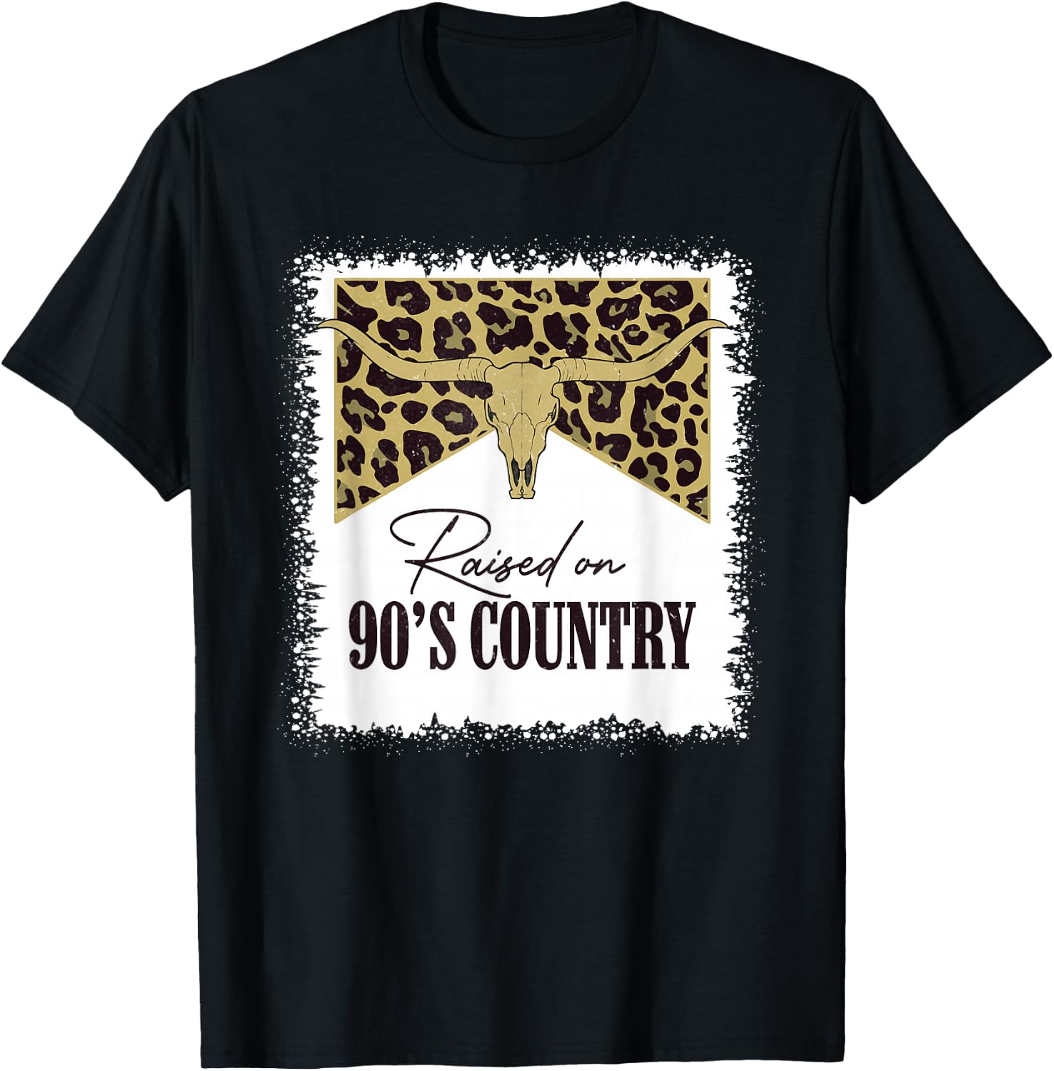 Raised On 90's Country Vintage Bull Skull Leopard Bleached T-Shirt - T-Shirt | Black