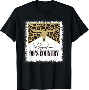 Raised On 90's Country Vintage Bull Skull Leopard Bleached T-Shirt - T-Shirt | Black