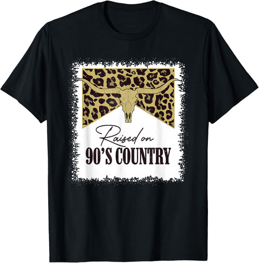 Raised On 90's Country Vintage Bull Skull Leopard Bleached T-Shirt - T-Shirt | Black