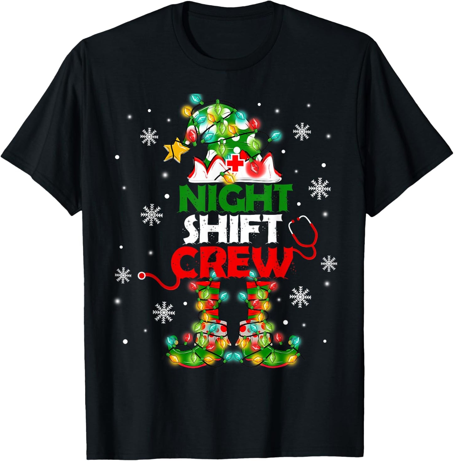 Funny Nurse Elf Christmas Lights Cute Xmas Night Shift Crew T-Shirt - T-Shirt | Black