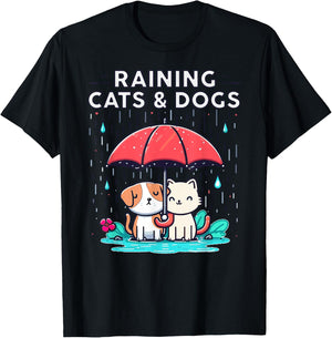 Raining Cats and Dogs Funny Idiom Canine Feline Puppy Kitty T-Shirt - T-Shirt | Black