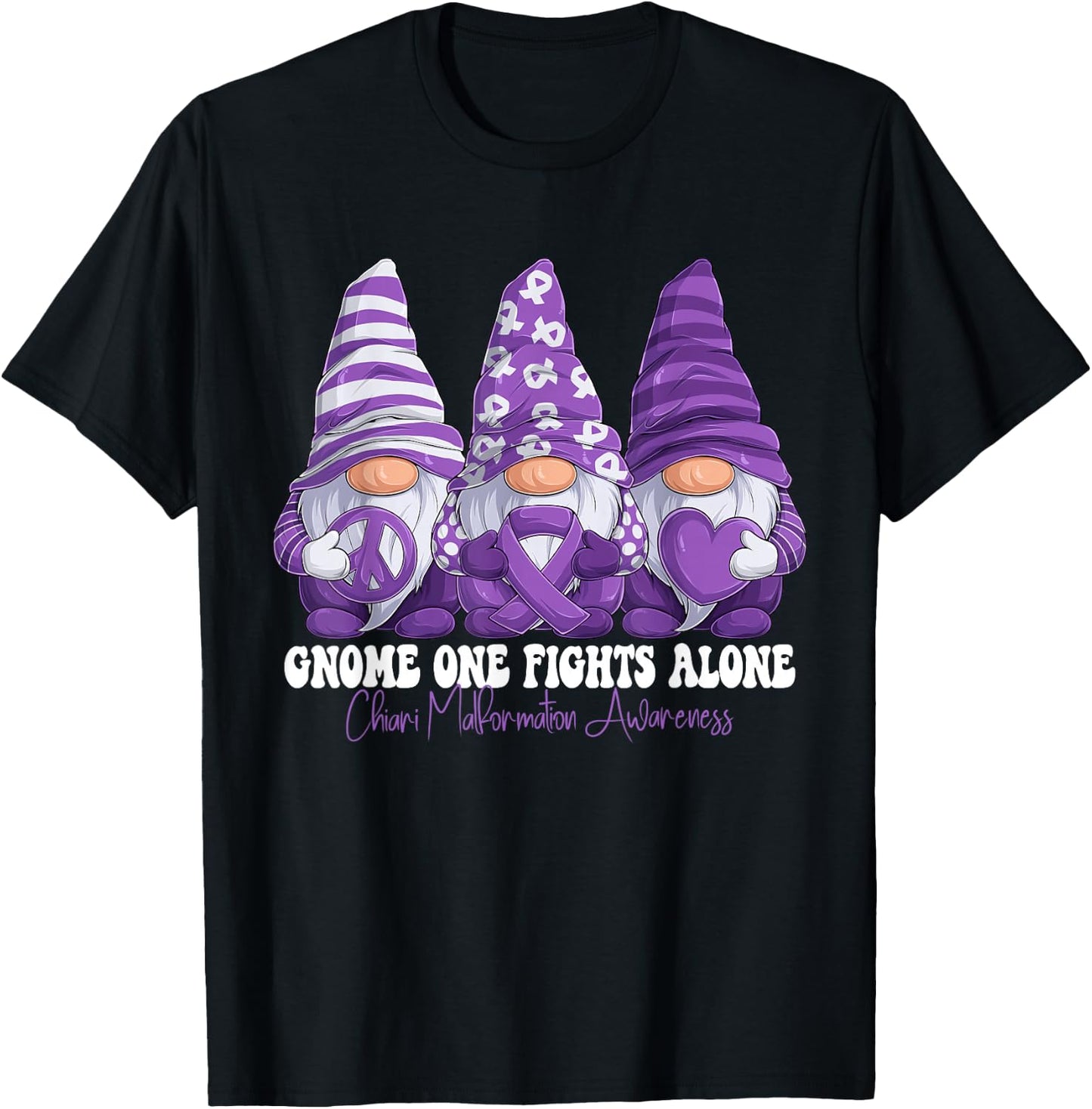 Chiari Malformation Awareness Month Purple Ribbon Gnomies T-Shirt - T-Shirt | Black