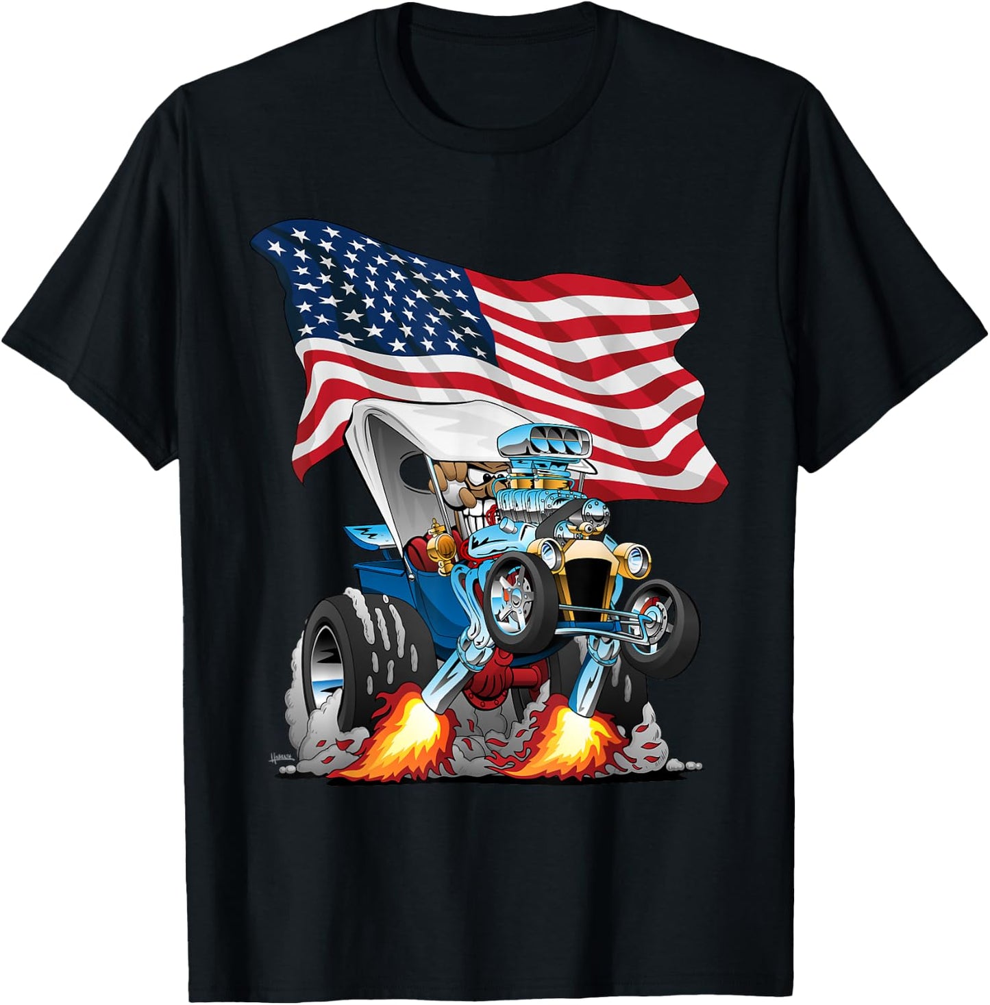 T-bucket Style Car Hotrod USA Flag Patriotic Cartoon Design T-Shirt - T-Shirt | Black
