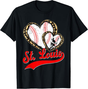 Vintage St. Louis Baseball Leopard Heart Baseball Fans T-Shirt - T-Shirt | Black