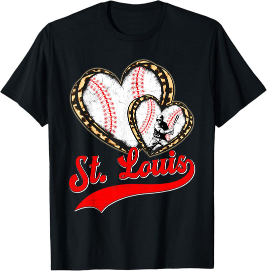 Vintage St. Louis Baseball Leopard Heart Baseball Fans T-Shirt - T-Shirt | Black