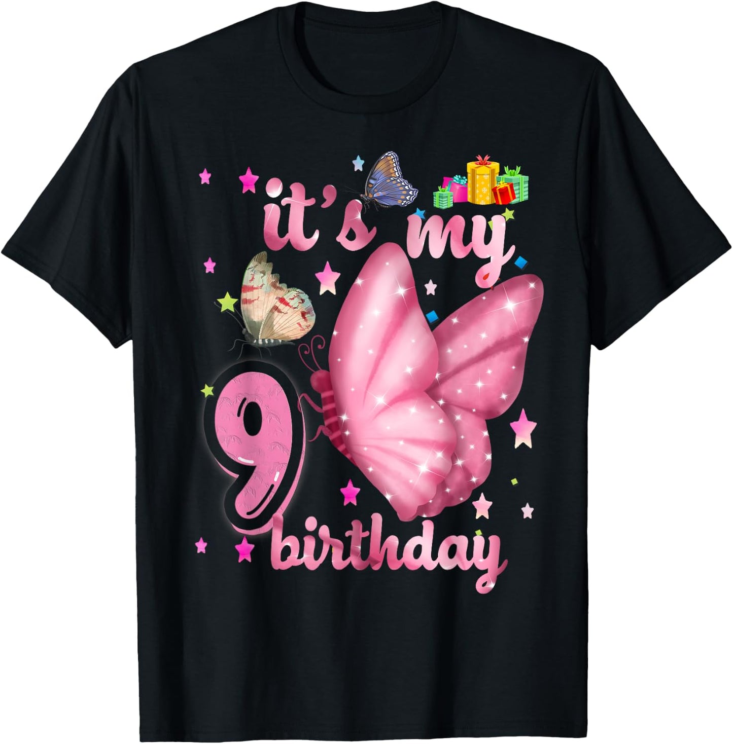BUTTERFLY Birthday Girl Princess 9th Birthday BUTTERFLY T-Shirt - T-Shirt | Black