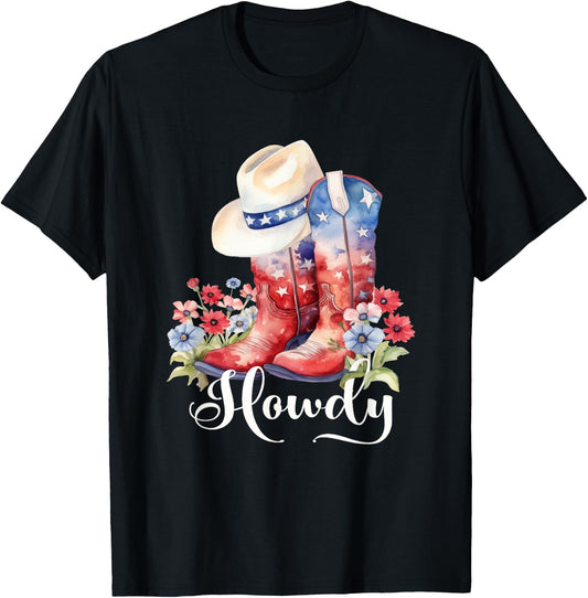 Cute Watercolor Cowgirl Boots Hat Flower Howdy Women Girls T-Shirt - T-Shirt | Black