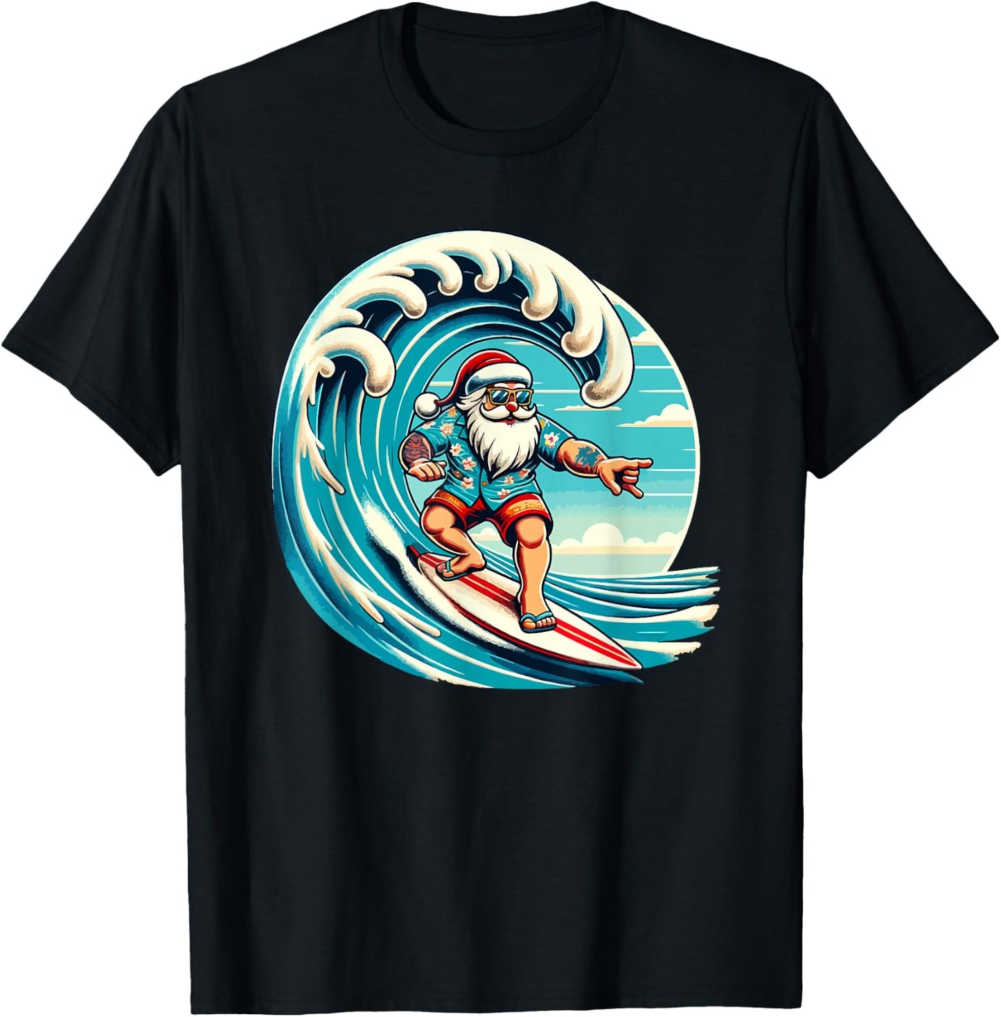 Santa Claus Hawaiian Surfing Christmas Aloha Tropical Xmas T-Shirt - T-Shirt | Black