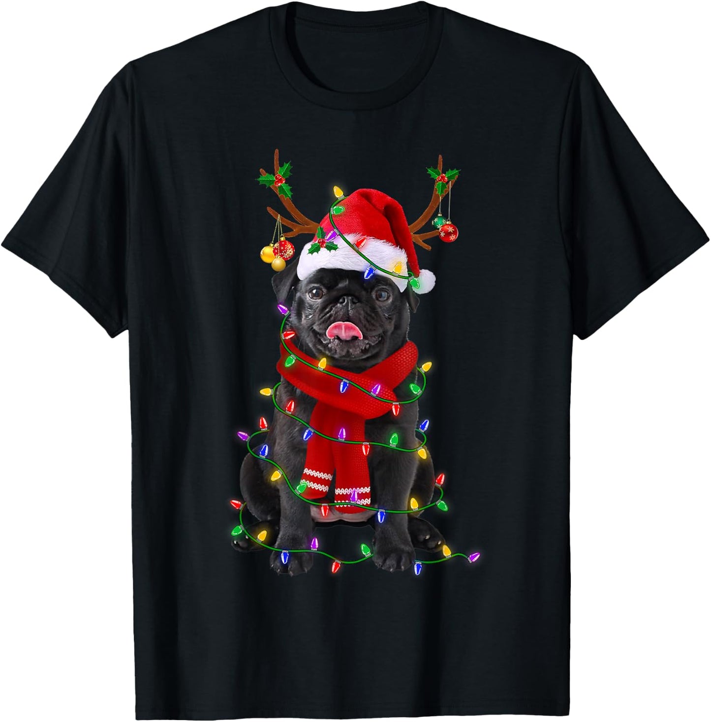 Black Pug Dog Tree Christmas Lights Xmas Pajama Men Women Kids T-Shirt - T-Shirt | Black