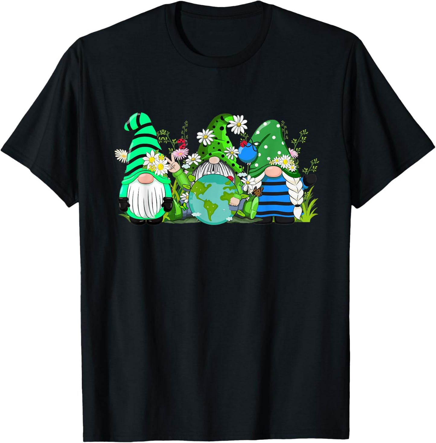 Three Gnomes Daisy Flower Earth Day Funny Gnome Lover T-Shirt - T-Shirt | Black