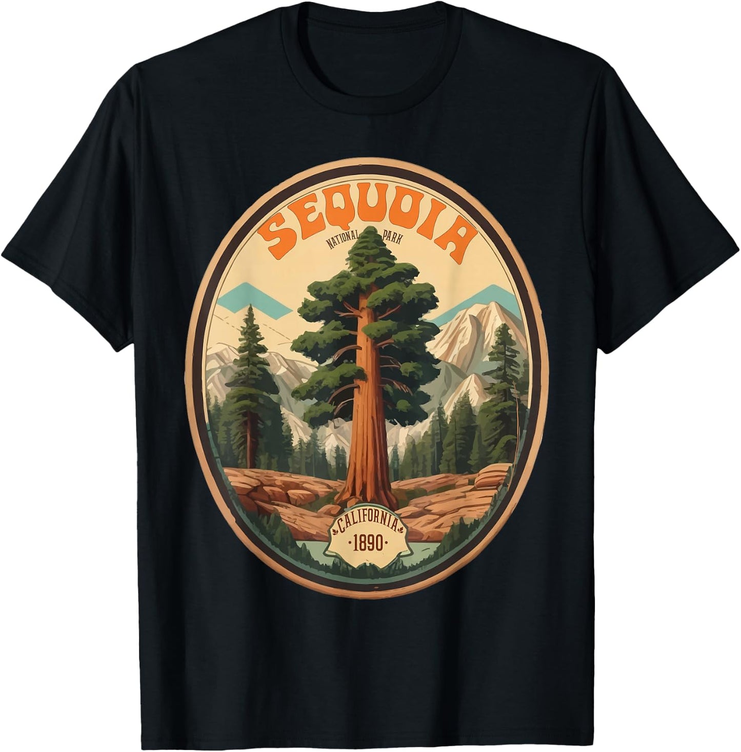 Sequoia National Park Tree Illustration Hiking Retro Badge T-Shirt - T-Shirt | Black