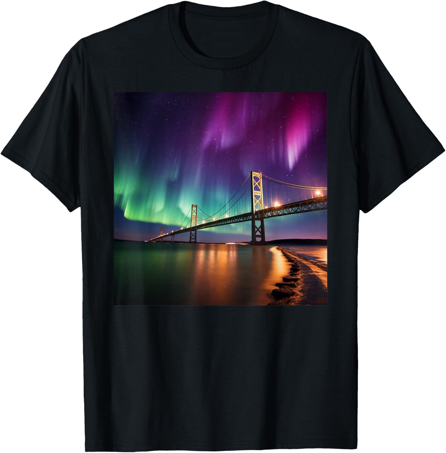 Michigan Northern Lights Mackinac Island Bridge Vacation T-Shirt - T-Shirt | Black