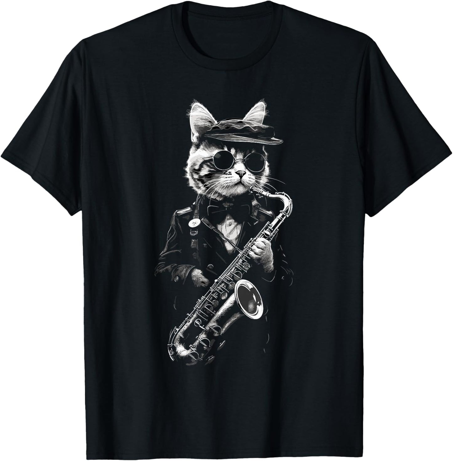 Funny Cat Wearing Sunglasses Playing Clarinet Musician Men Women Kids T-Shirt - T-Shirt | Black