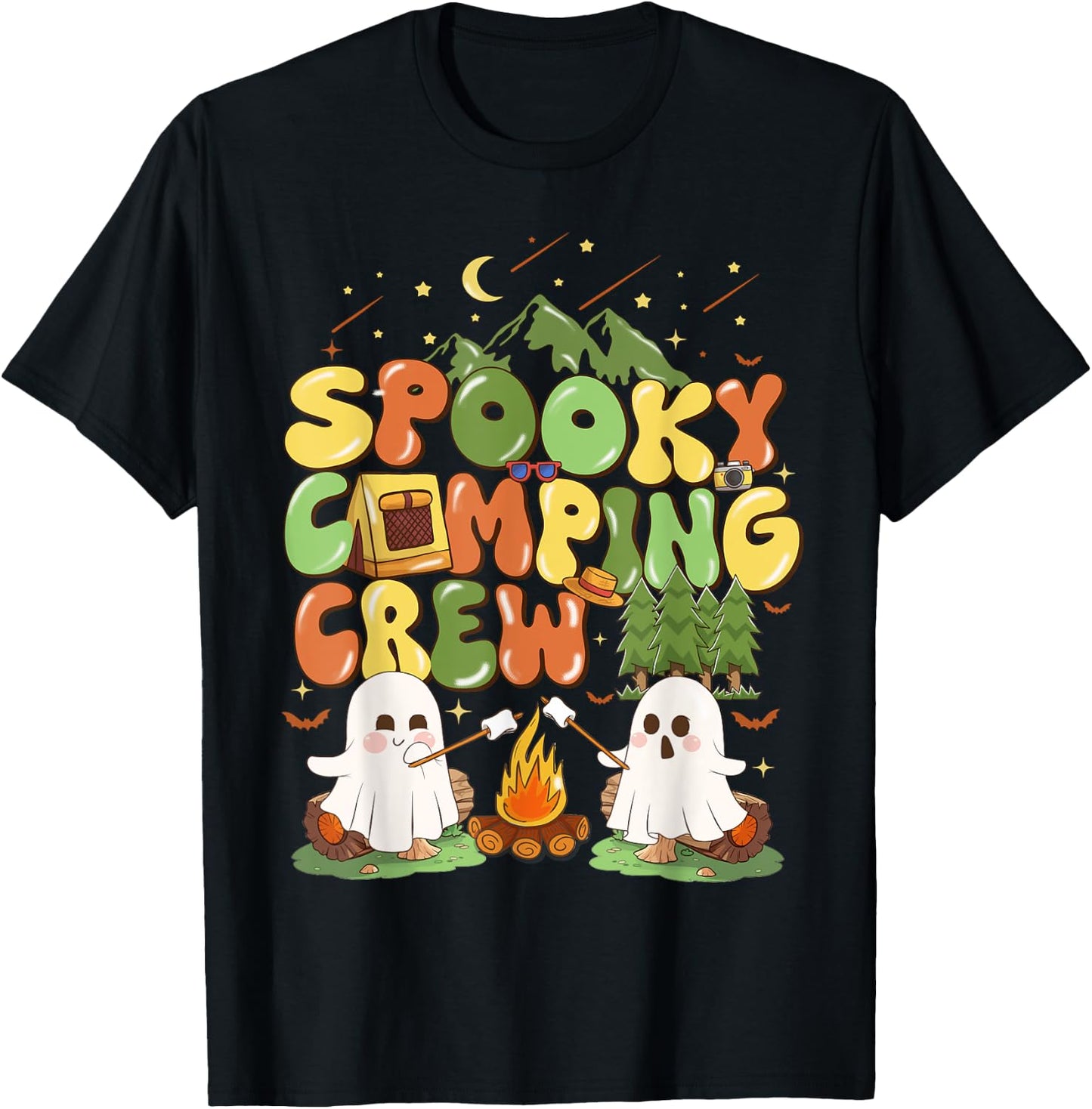 Spooky Camping Crew Halloween Cute Boo Ghost T-Shirt - T-Shirt | Black