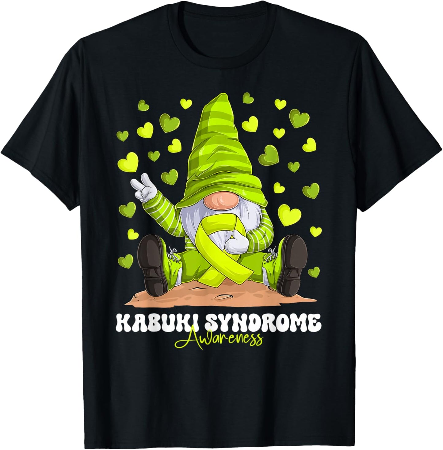 Kabuki Syndrome Awareness Month Lime Green Ribbon Gnome T-Shirt - T-Shirt | Black