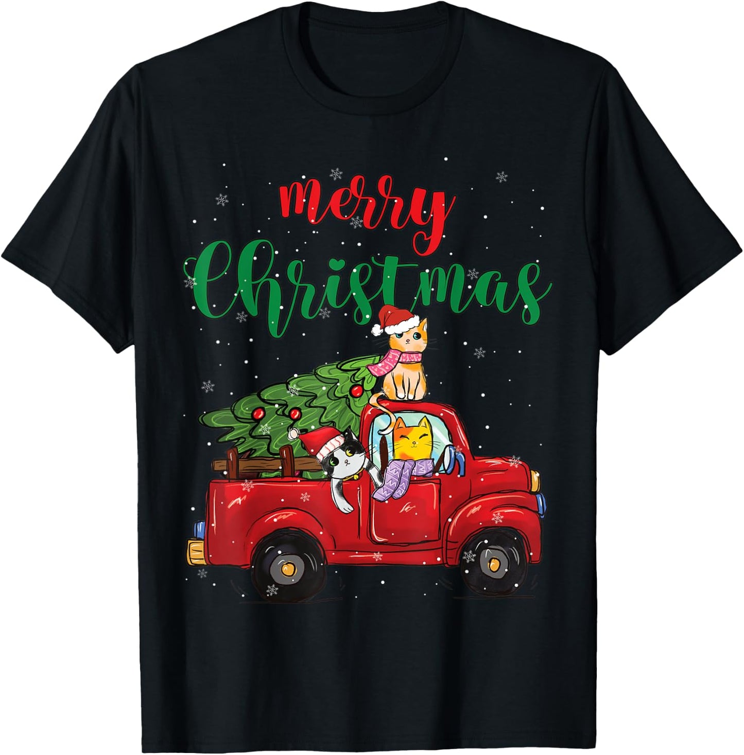 Merry Christmas Outfit Cats Truck Christmas T-Shirt - T-Shirt | Black