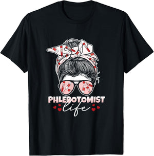 Phlebotomist Life Messy Bun Women Nurse Phlebotomy T-Shirt - T-Shirt | Black