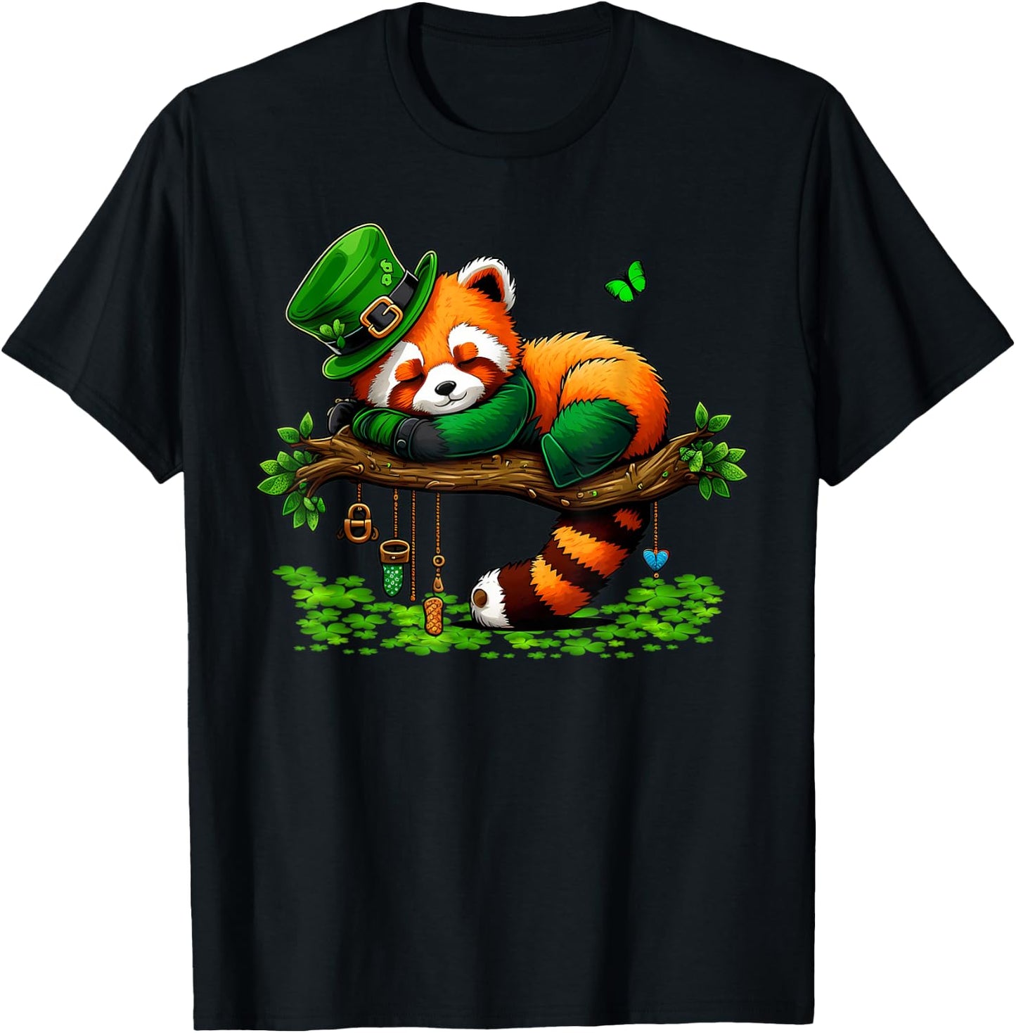 St Patricks Day Lazy Red Panda Shamrock Leprechaun Hat Panda T-Shirt - T-Shirt | Black