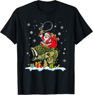 Christmas Bass Fishing Funny Santa Riding Fish Fishermen PJ T-Shirt - T-Shirt | Black