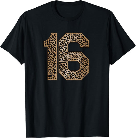 Leopard Number 16 Athlete Sports Jersey Supporter Fanwear T-Shirt - T-Shirt | Black