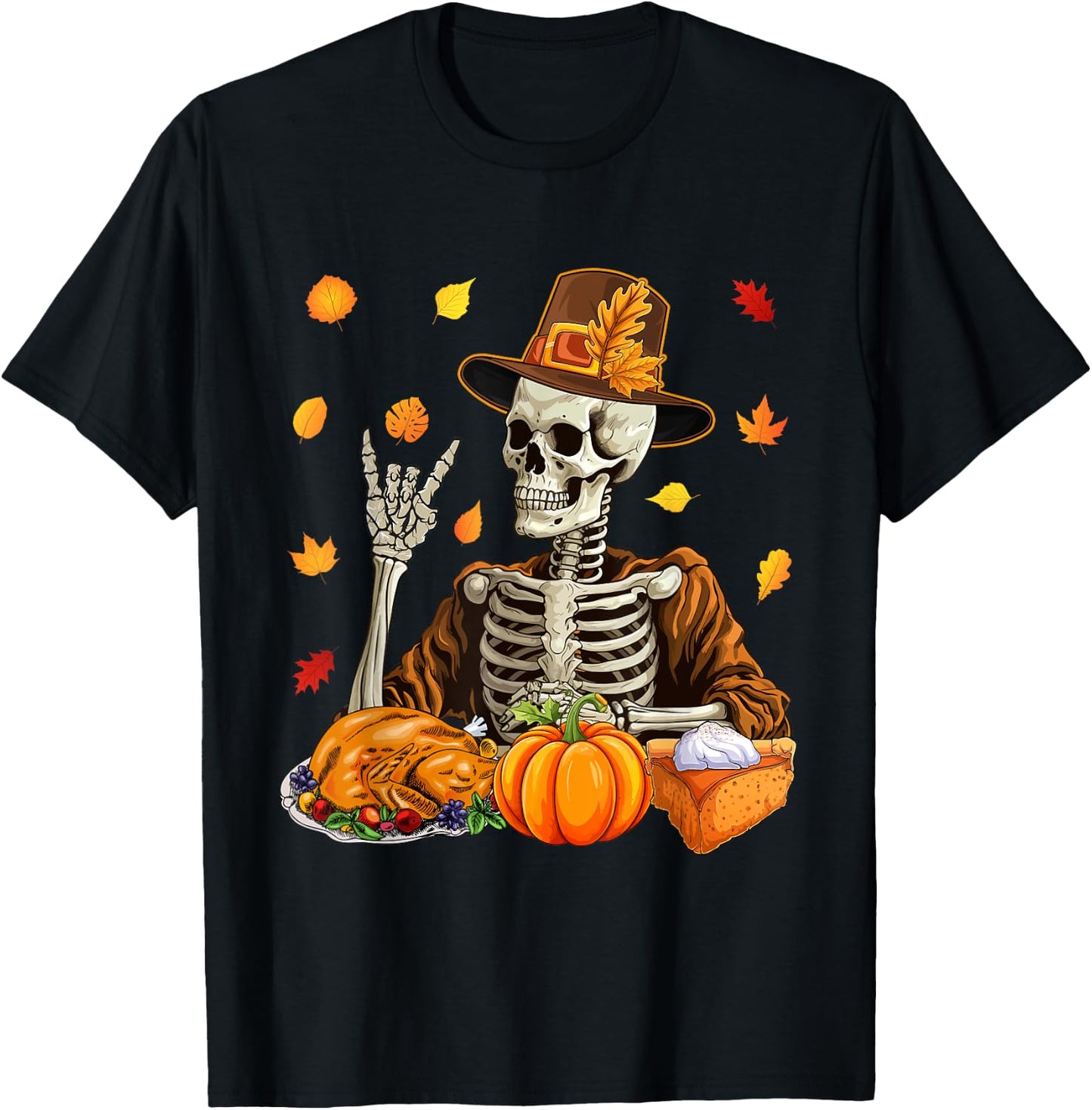Thanksgiving X-ray Skeleton Funny Rock Hand Fall Leaves T-Shirt - T-Shirt | Black