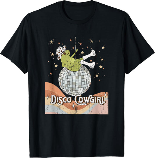 Retro Disco cowgirl, Space Cowgirl, Disco Party frog Cowboy T-Shirt - T-Shirt | Black