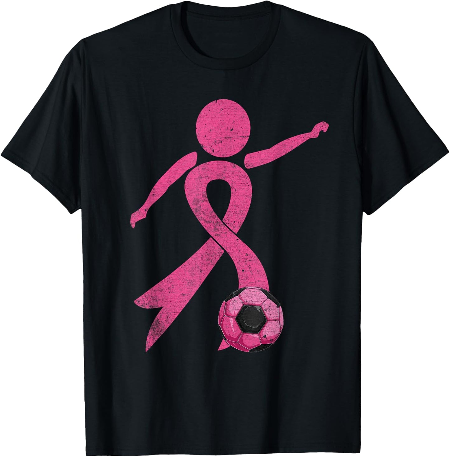 Retro Soccer Pink Ribbon Breast Cancer Awareness Sport T-Shirt - T-Shirt | Black