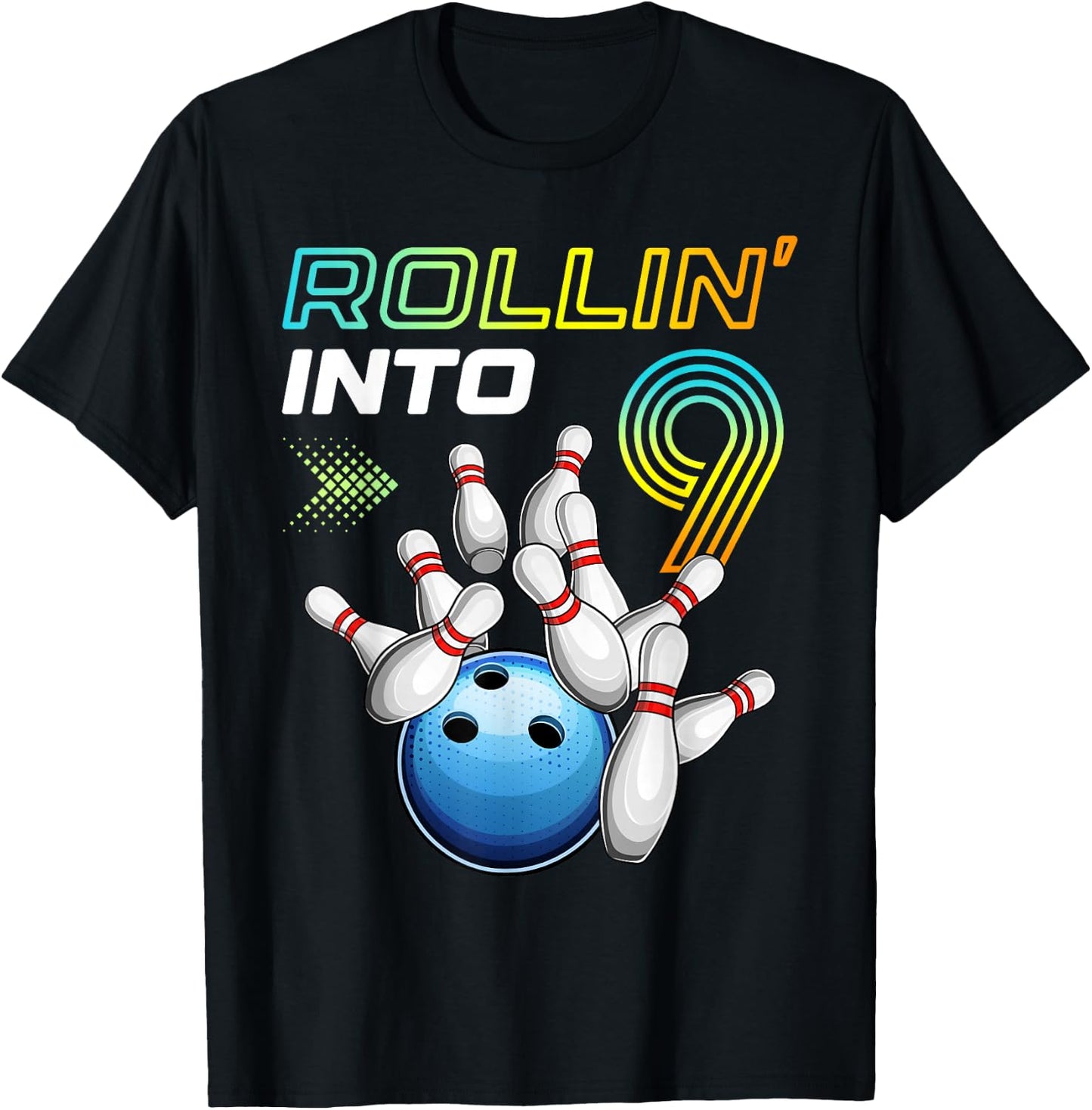 Rollin Into 9 Retro Bowling Birthday Party 9th Birthday T-Shirt - T-Shirt | Black