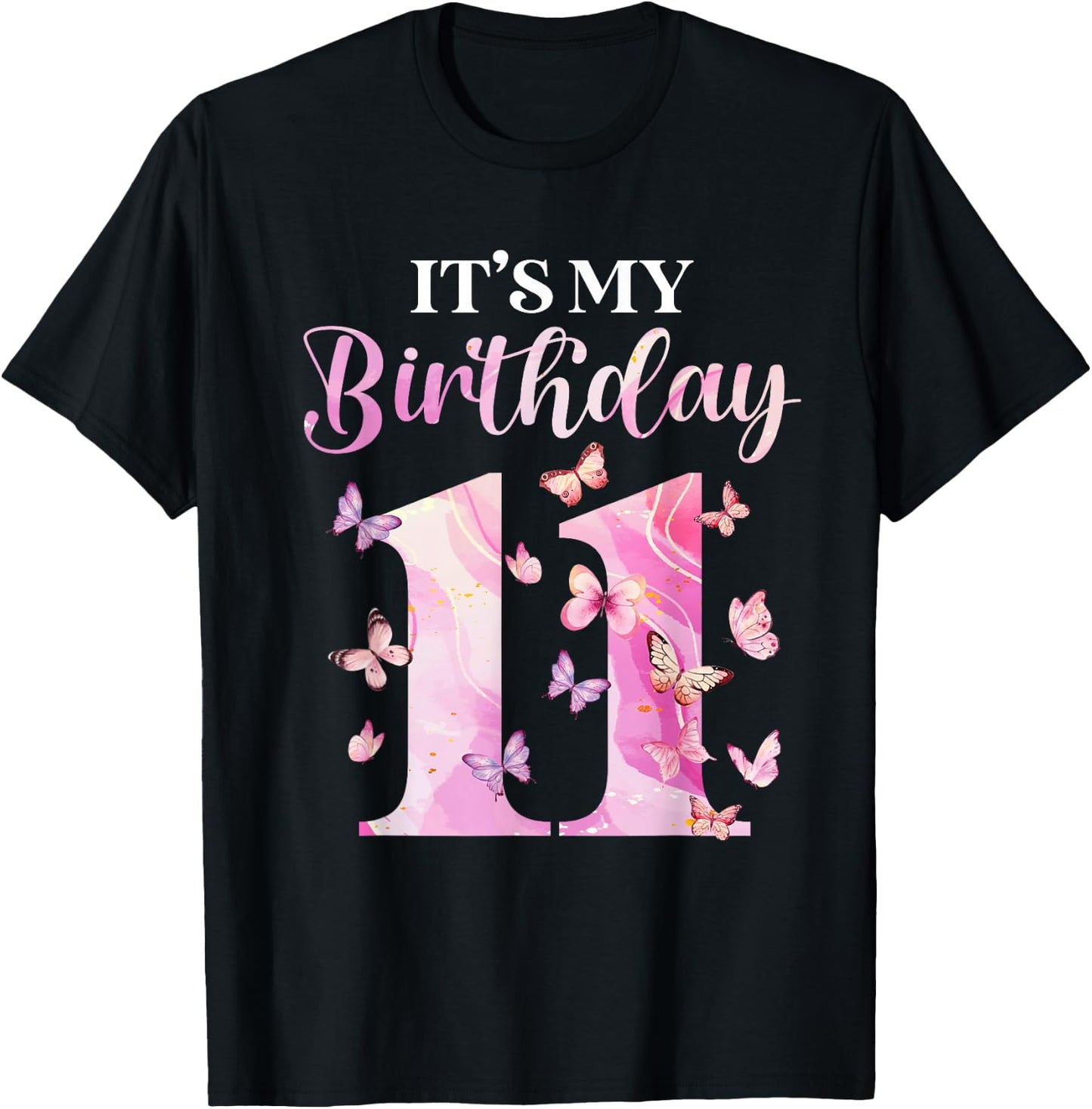 Butterfly 11th Birthday Outfit 11 Years Old Girl Kids Cute T-Shirt - T-Shirt | Black