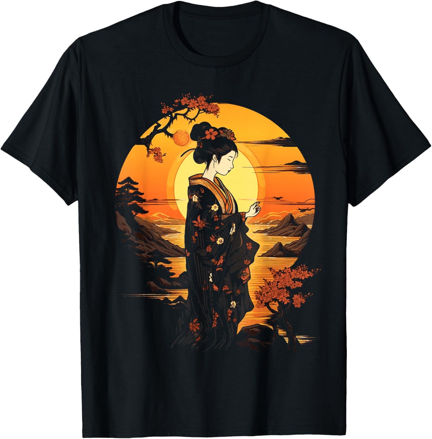 Japanese Geisha Zen Aesthetic Sakura Asian Art Beautiful T-Shirt - T-Shirt | Black