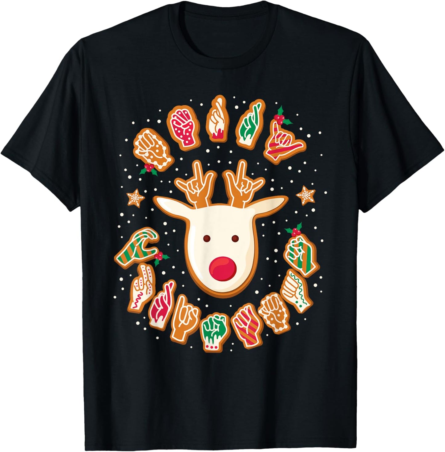 ASL Christmas Reindeer American Sign Language Gingerbread T-Shirt - T-Shirt | Black