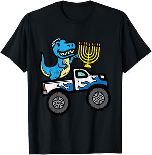 Kids Hannukah Dino On Monster Truck Chanukah Boys Toddler Youth T-Shirt - T-Shirt | Black
