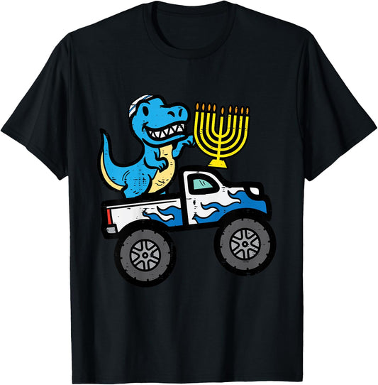 Kids Hannukah Dino On Monster Truck Chanukah Boys Toddler Youth T-Shirt - T-Shirt | Black