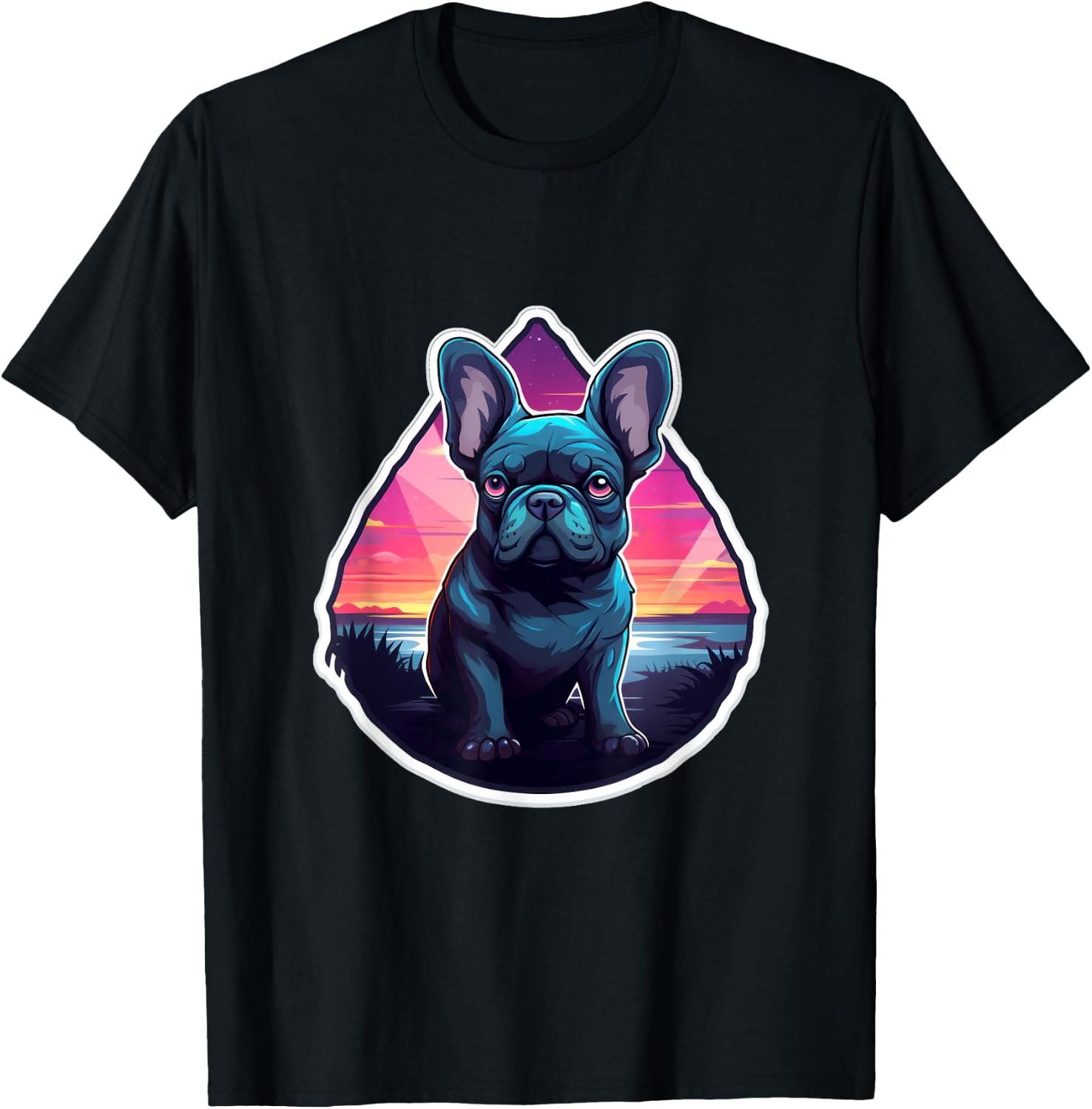 French Bulldog Tropical Summer Sunset 80's Retro Party Dog Men Women Kids T-Shirt - T-Shirt | Black