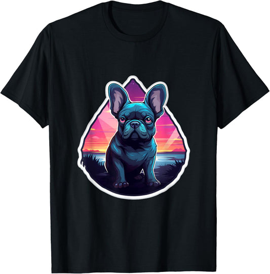 French Bulldog Tropical Summer Sunset 80's Retro Party Dog Men Women Kids T-Shirt - T-Shirt | Black