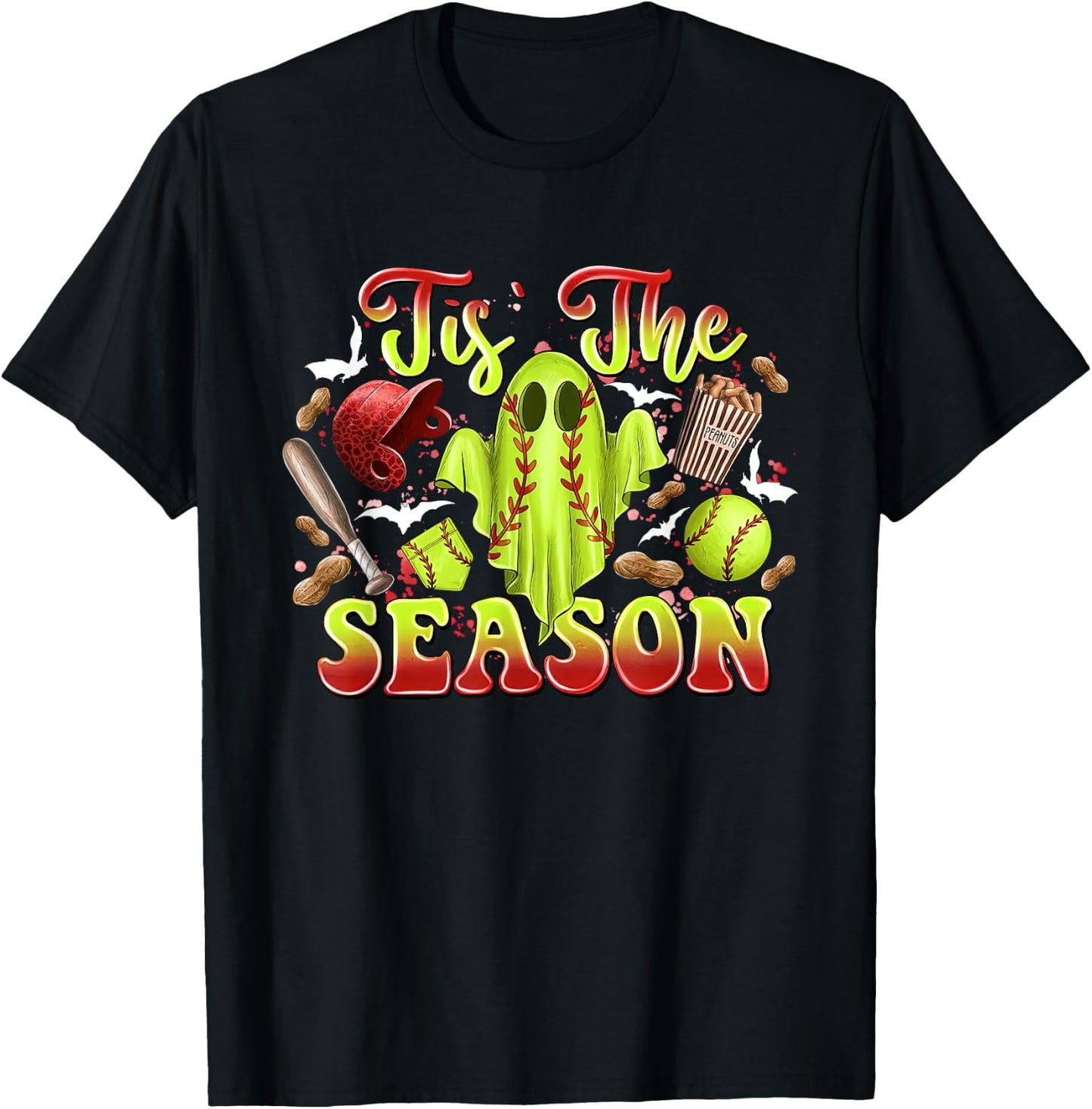 Spooky Softball Ghost Costume Funny Halloween Tis The Season T-Shirt - T-Shirt | Black