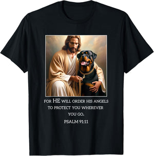 Jesus with Dogs Psalm 99 11- Jesus and a Rottweiler T-Shirt - T-Shirt | Black