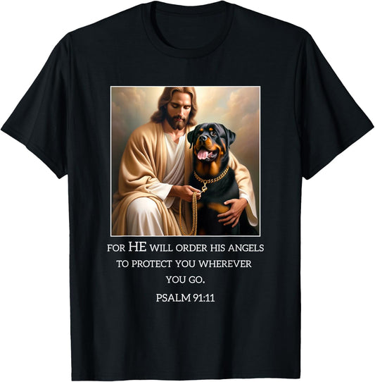Jesus with Dogs Psalm 99 11- Jesus and a Rottweiler T-Shirt - T-Shirt | Black