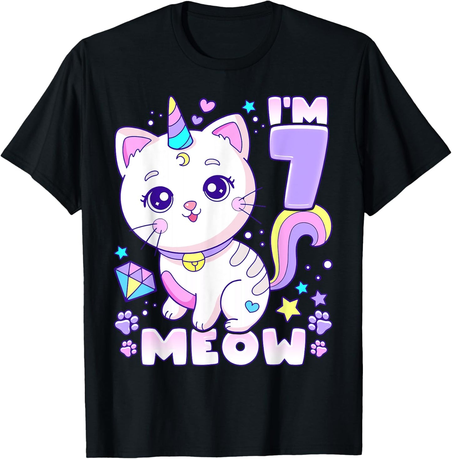 Birthday girl 7 years old, cat, unicorn, 7th birthday T-Shirt - T-Shirt | Black