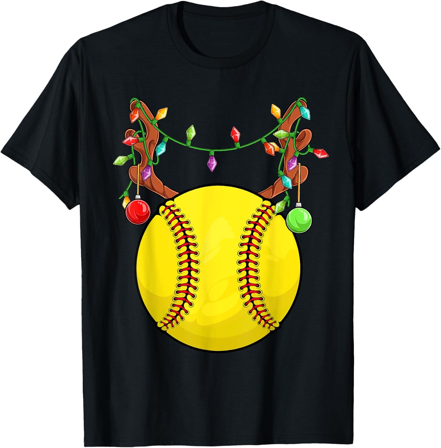 Softball Ball Reindeer Antler Christmas Ornament Pajama Teen T-Shirt - T-Shirt | Black